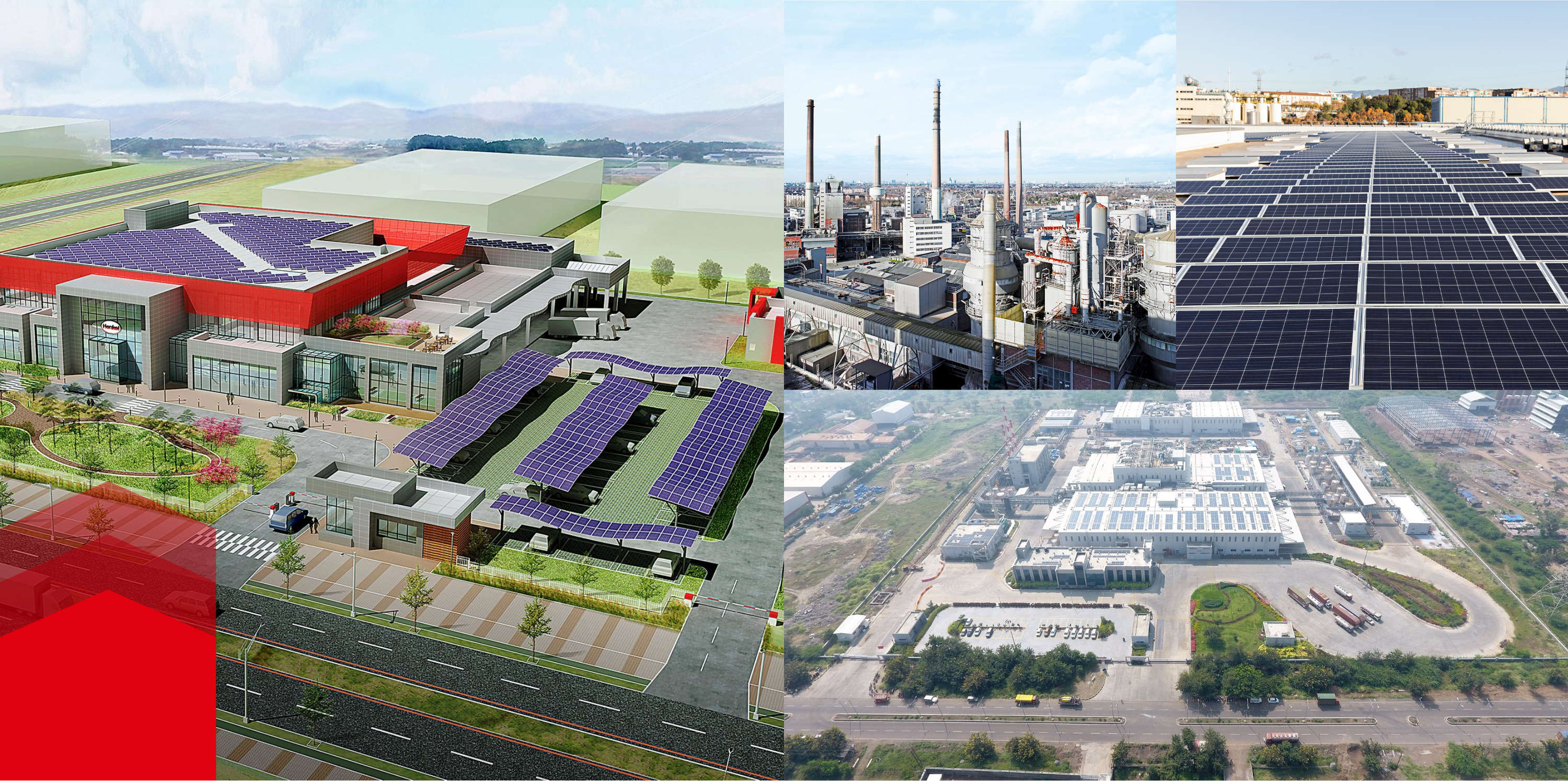 Een collage van foto's van gebouwen met zonnepanelen en grote fabrieken.