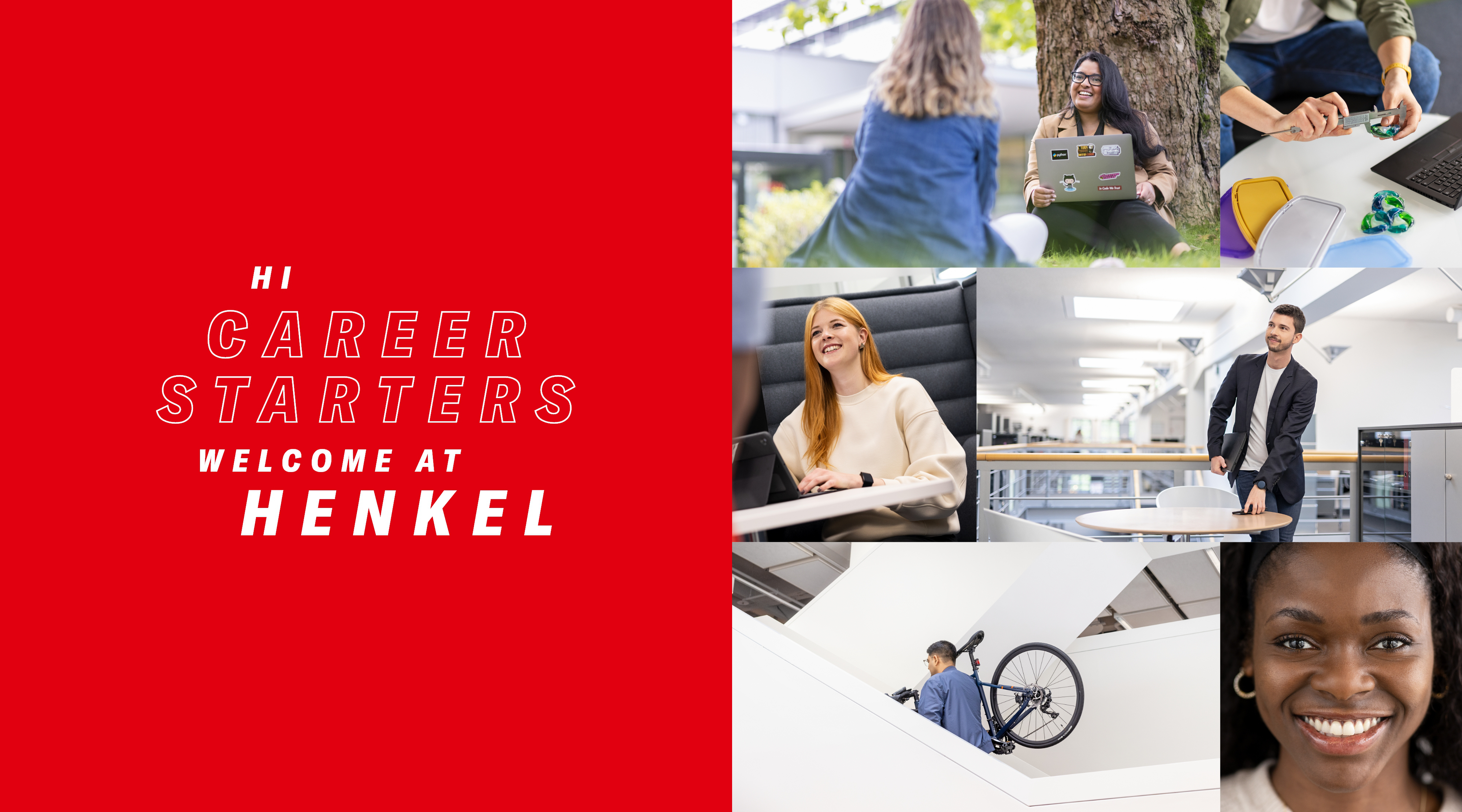 Various Henkel employees portrayed in action and in different working environments.