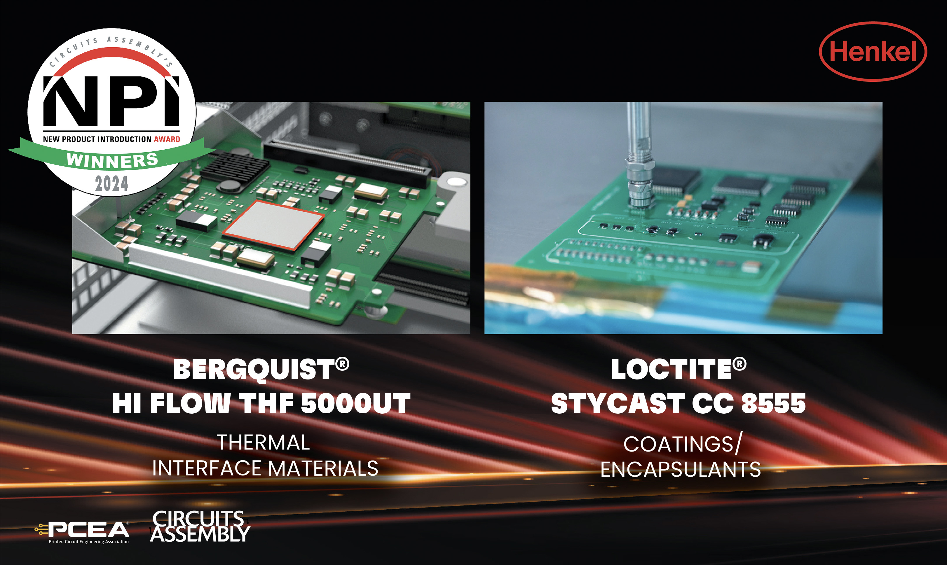 Low-pressure, thin bond line phase change thermal interface material and UL safety agency-rated conformal coating earn top spots in Circuits Assembly NPI Award program