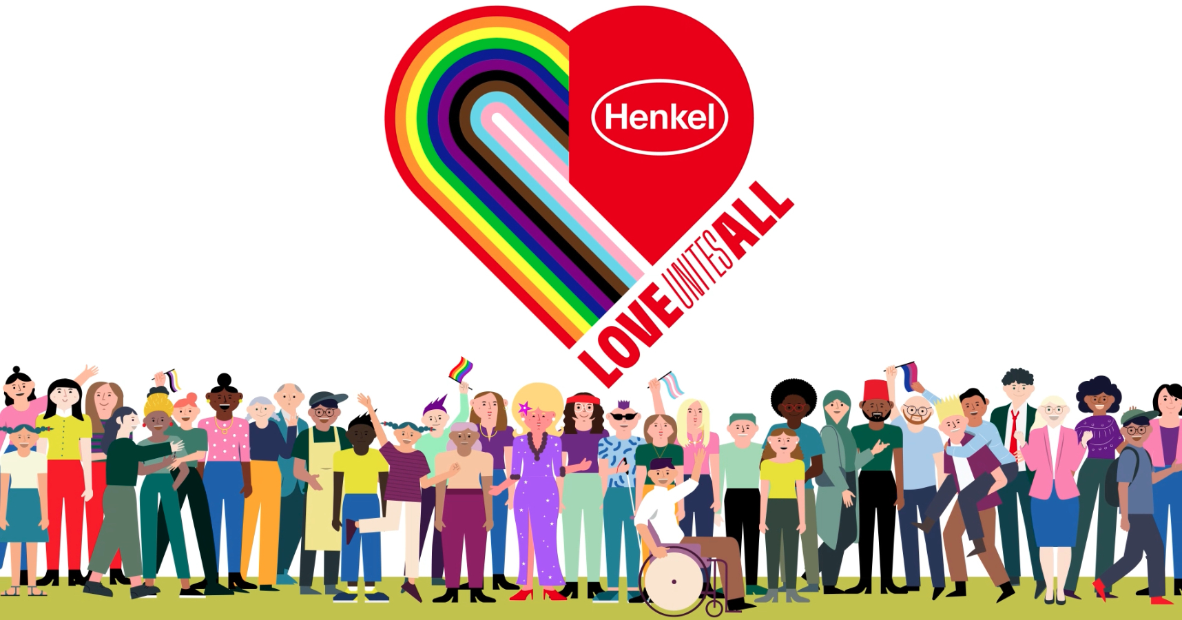 llustrated group of people spread out across the screen gathered under a Henkel logo within a heart, bearing the words 'Love Unites All'.