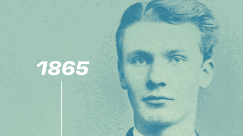 一段GIF動圖展示了不同時期的弗裡茲·漢高。在動圖中我們可以依次看到弗裡茲·漢高在不同人生階段的形象：1865年17歲的青澀少年，1876年意氣風發的青年，1895年蓄須沉穩的中年人，以及1928年白髮濃髯的睿智長者。