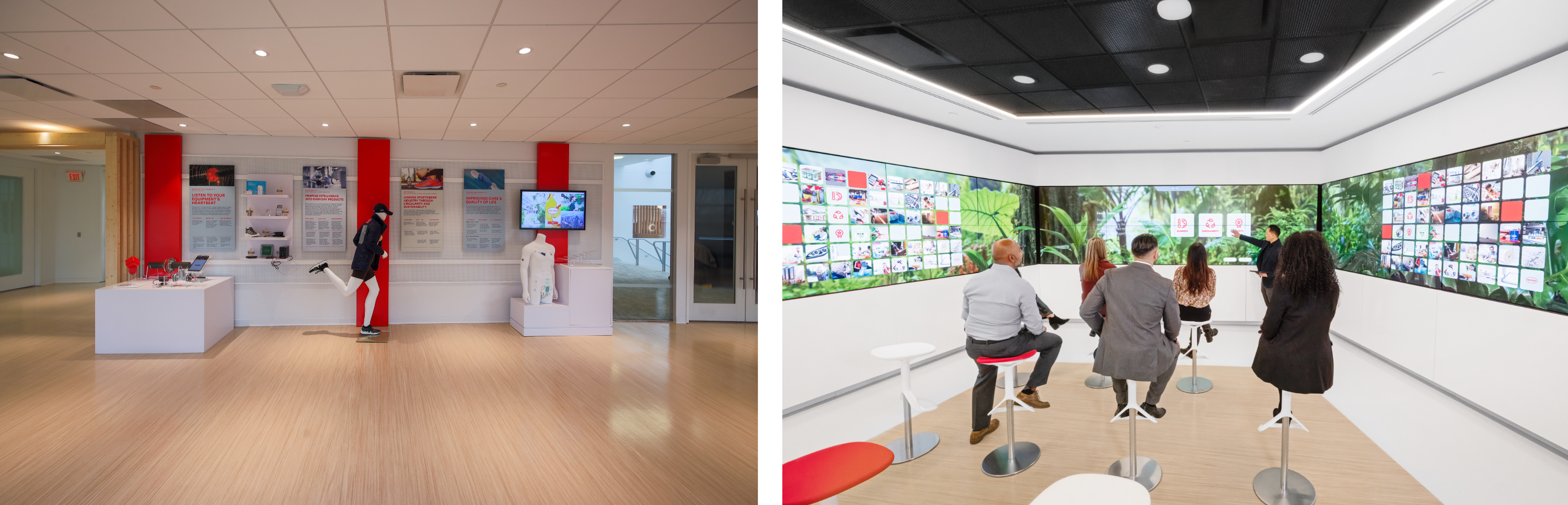 Left: Display area inside Henkel’s Customer Experience Center featuring product samples, informational panels, and mannequins showcasing applications of Adhesive Technologies solutions. Right: Interactive presentation space at Henkel’s Customer Experience Center with large digital screens displaying product visuals and attendees seated on stools viewing the display.