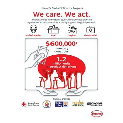 To date, Henkel North America has donated over $600,000 and 1.2 million units of essential household hygiene products.