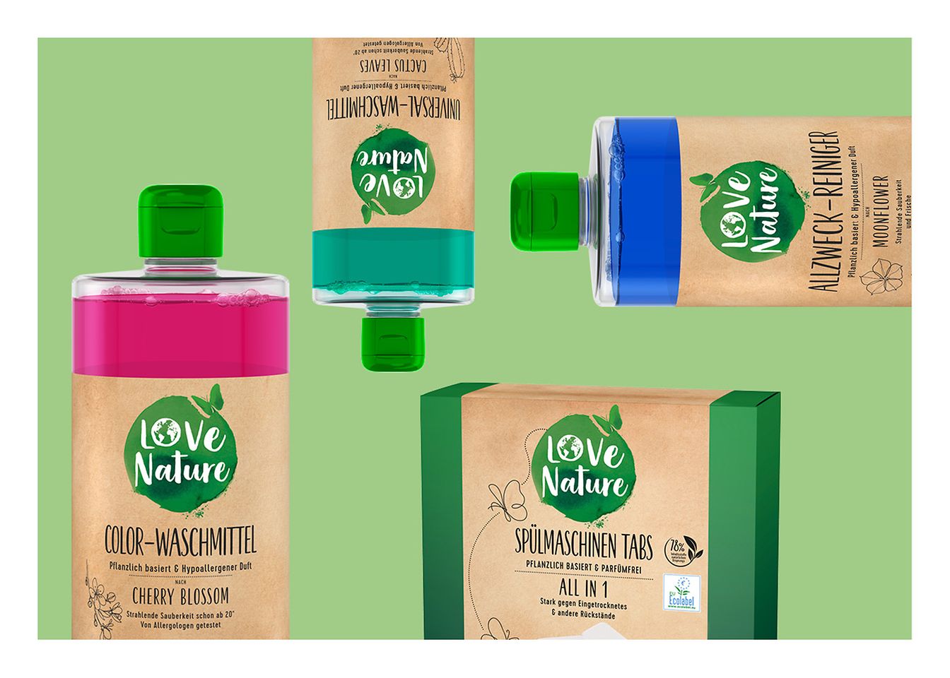Love Nature Produkte auf einem grünen Hintergrund