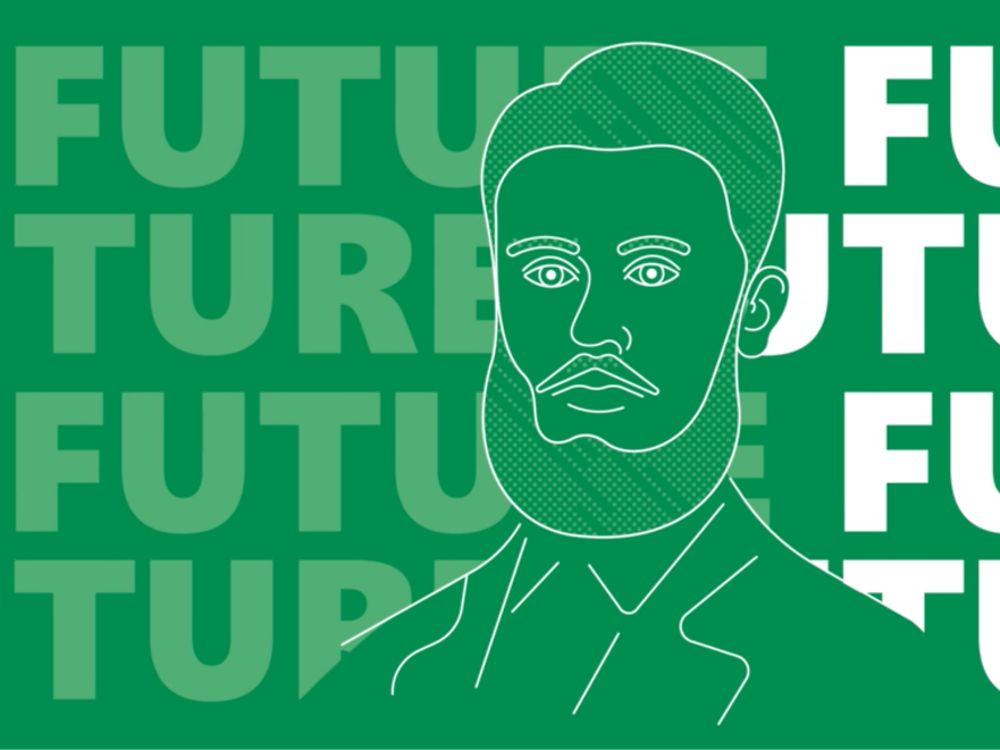 Illustration eines Mannes mit Bart vor dem Wort “Future”
