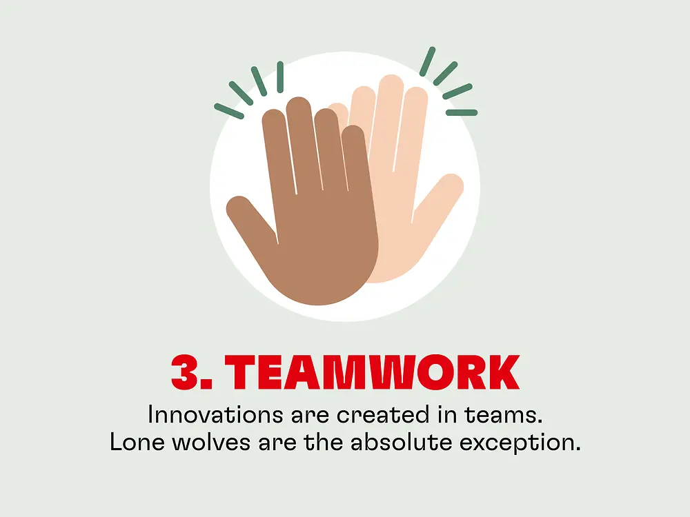 Teamwork: Innovations are created in teams. Lone wolves are the absolute exception.