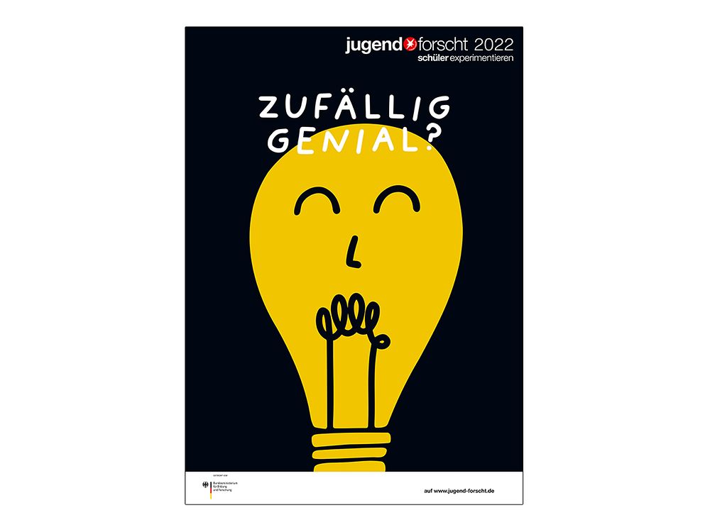 Jugend forscht-Plakat, das eine gelbe Glühbirne vor schwarzem Hintergrund und der Aufschrift „Zufällig genial?“ zeigt.