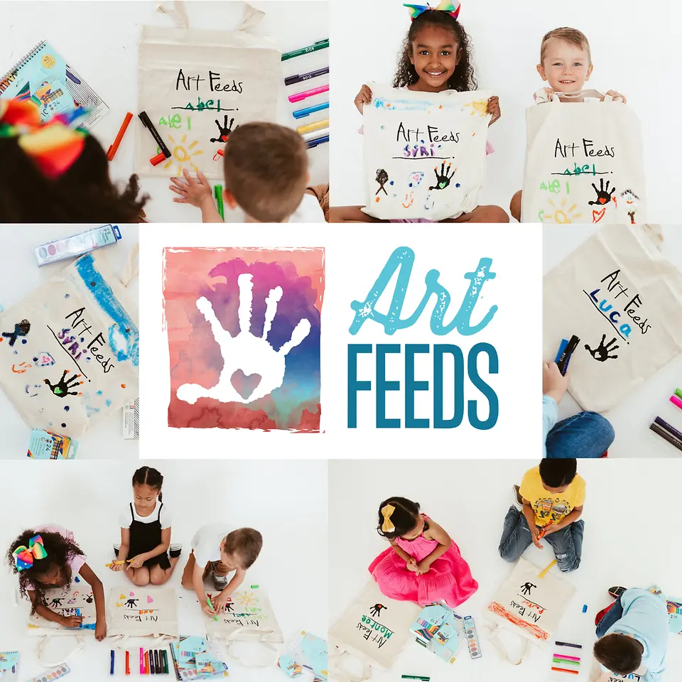 Art Feeds logo with collage of children creating art around it