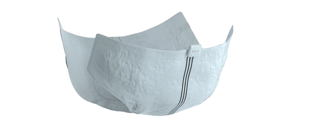 A diaper with three printed electronic stripes that has a pod attached that can transmit real-time patient data.