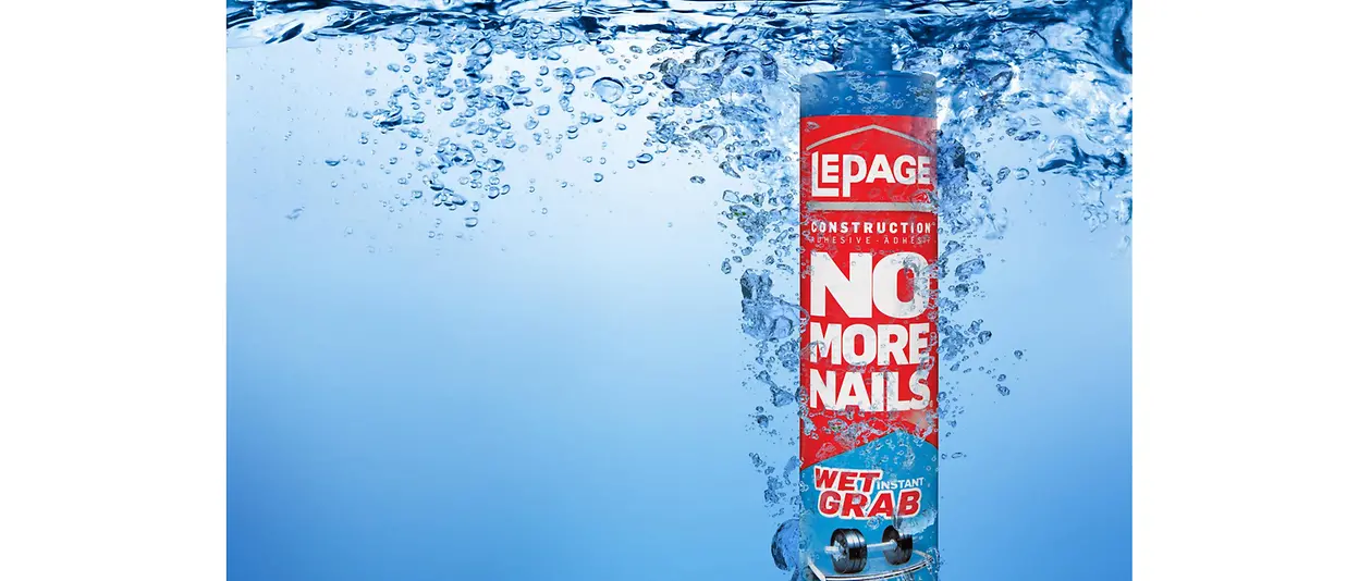 Tube of LePAGE® No More Nails® Wet Grab submerged in water