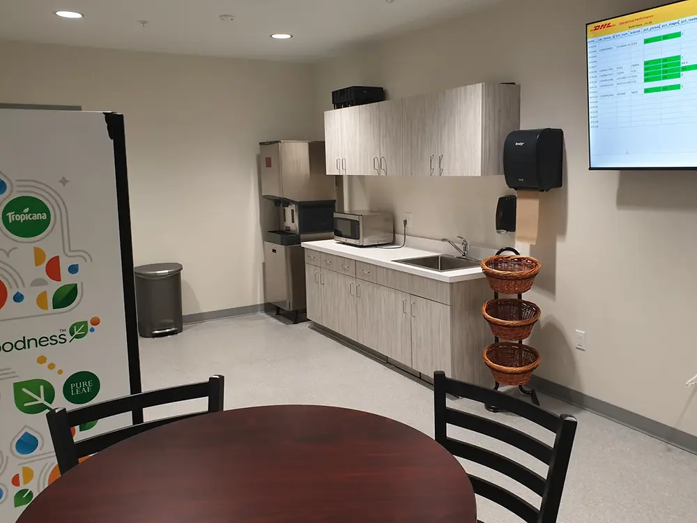 photos of distribution point amenities for truck drivers, including kitchens and showers