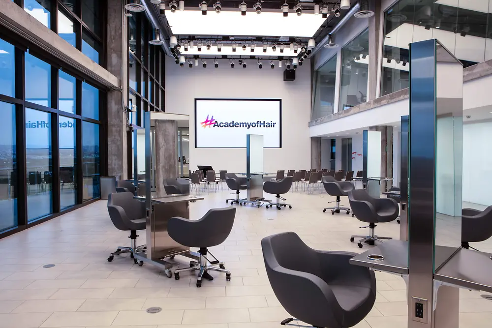 An open-space salon at the Henkel Schwarzkopf Professional AcademyofHair in Los Angeles
