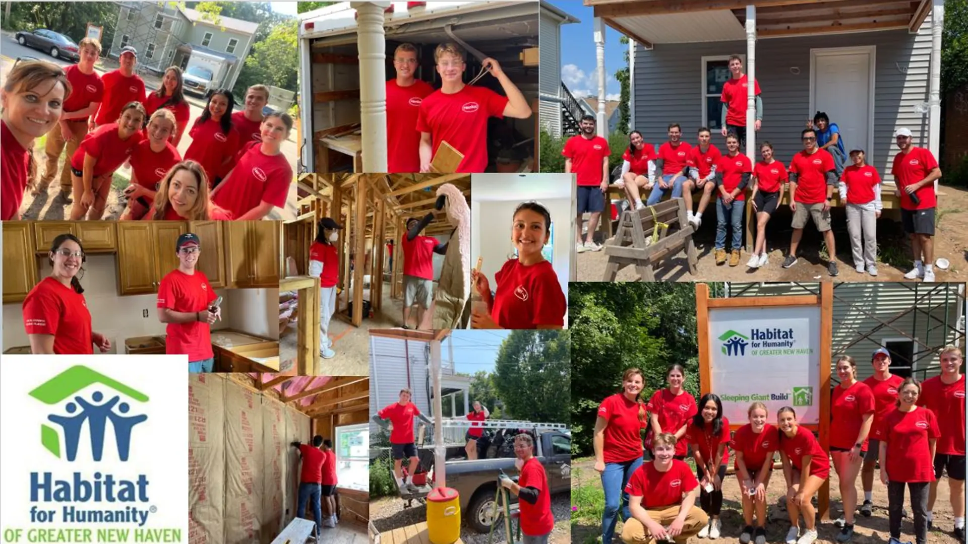 Collage of multiple photos showing employees working on a house construction project