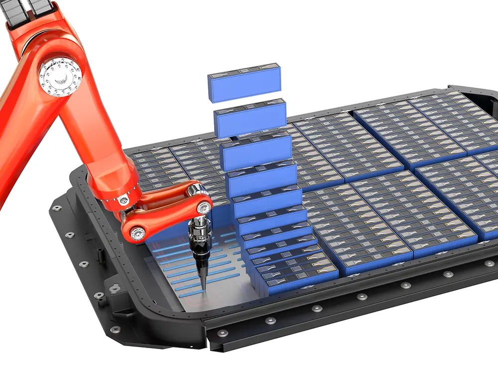 Red robotic arm performs bonding movements on blue materials in a black tray