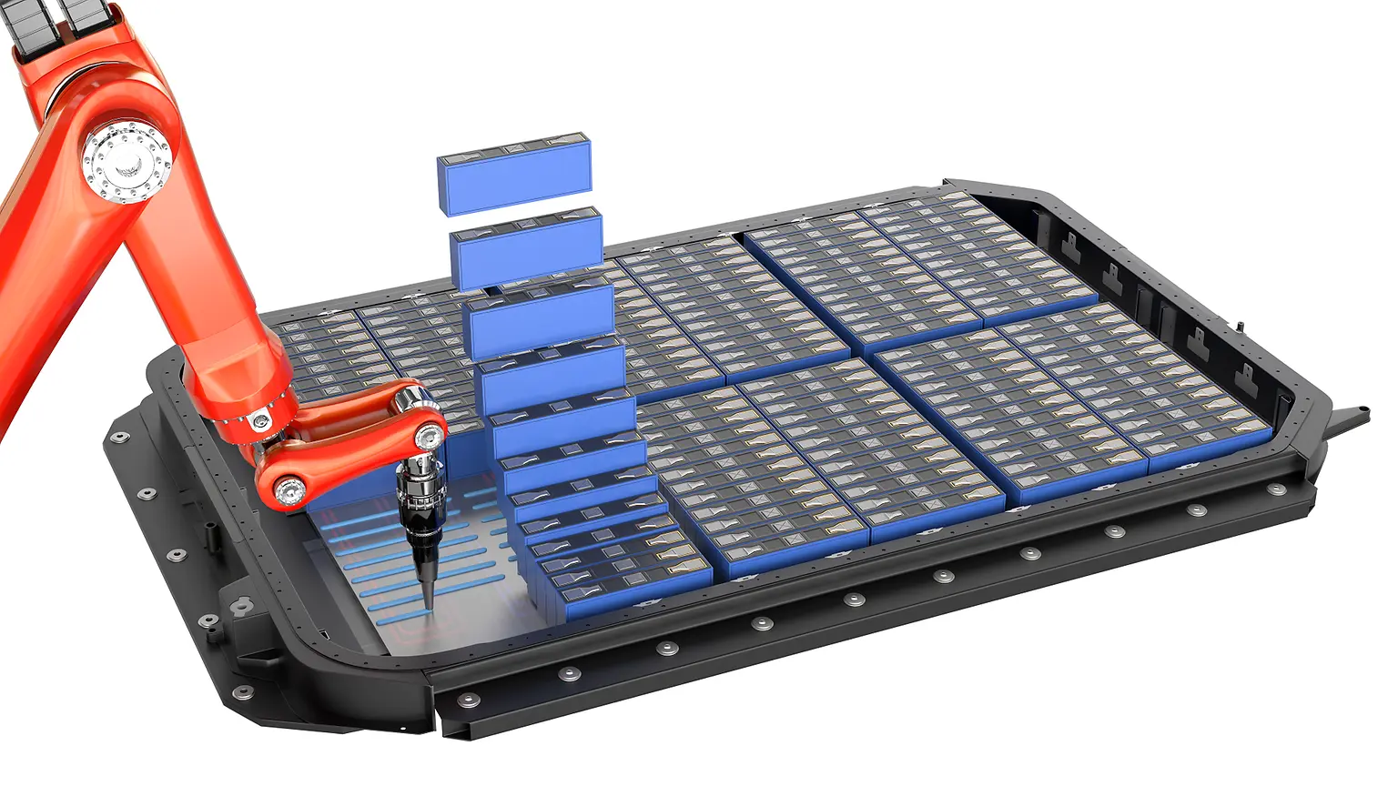 Red robotic arm performs bonding movements on blue materials in a black tray