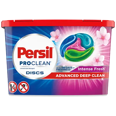 Brightly colored rectangular container with Persil branding and a photo of the product