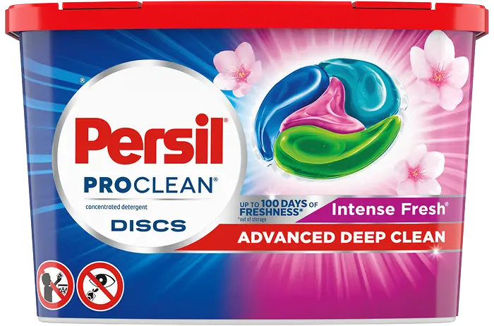 Brightly colored rectangular container with Persil branding and a photo of the product