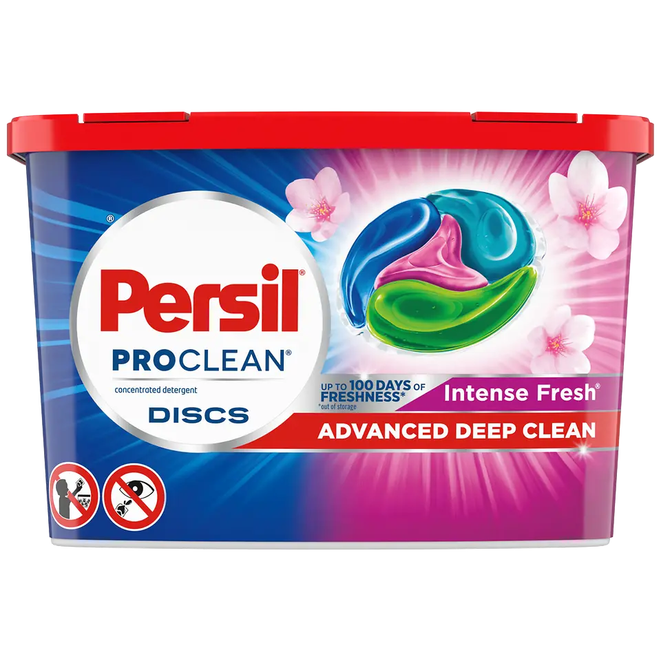 Brightly colored rectangular container with Persil branding and a photo of the product