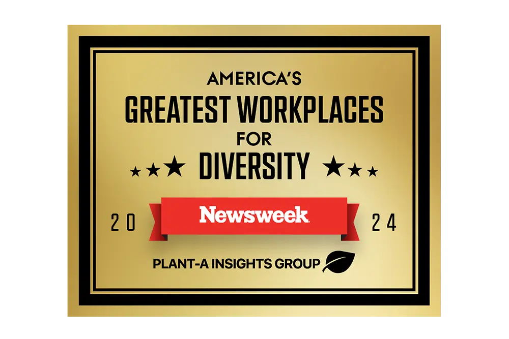 Gold seal emblazoned with the logo for the Newsweek and Plant-A Insights 'America's Greatest Workplaces for Diversity' logo
