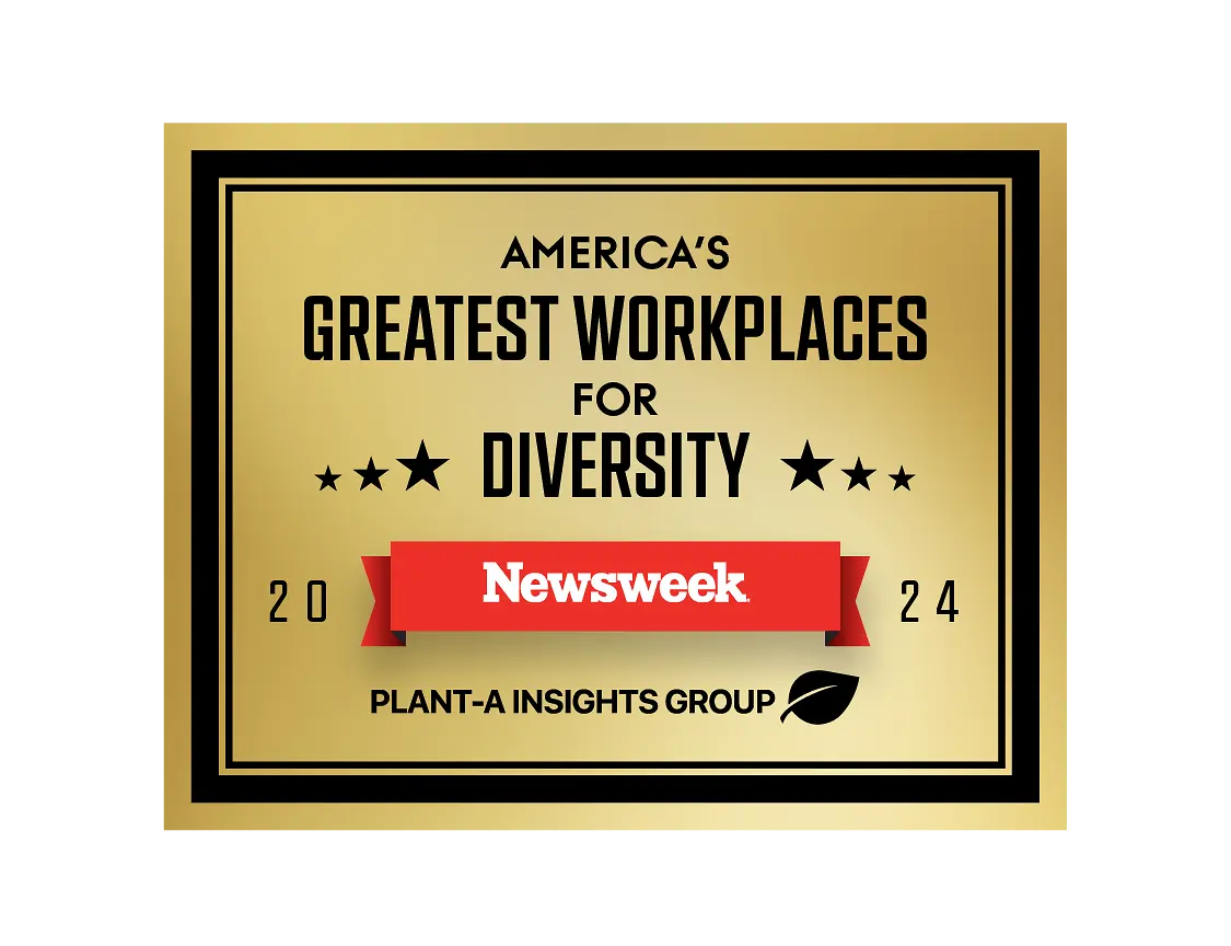Gold seal emblazoned with the logo for the Newsweek and Plant-A Insights 'America's Greatest Workplaces for Diversity' logo