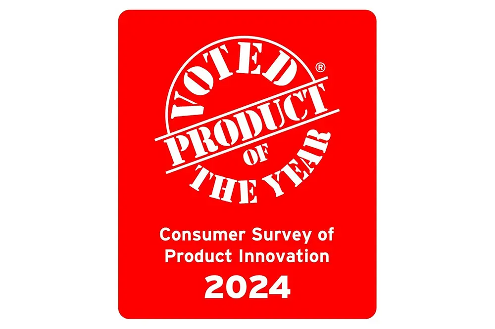Red rounded rectangle with 2024 Seal for the Product of the Year Awards