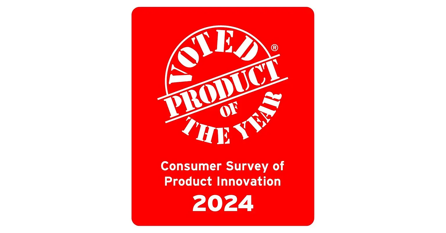 Red rounded rectangle with 2024 Seal for the Product of the Year Awards