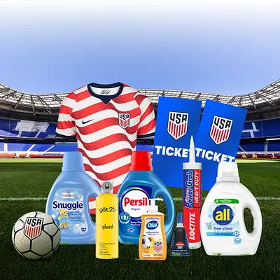 Henkel products on a soccer field with a jersey, soccer ball and tickets.