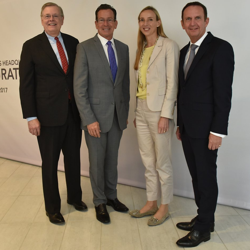 At the inauguration (from left): David R. Martin, Mayor of Stamford, CT; Connecticut’s Governor Dannel Malloy; Dr. Simone Bagel-Trah, Chairwoman of Henkel’s Supervisory Board and the Shareholder’s Committee; and Henkel CEO Hans Van Bylen.
