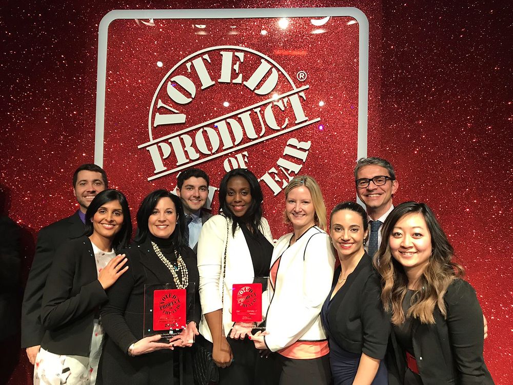 Teams from Gliss and Purex Crystals celebrate at the 2018 Product of the Year award show, held Feb. 8 at the Edison Ballroom in New York City. The event was hosted by comedians Rachel Dratch and Ana Gasteyer.