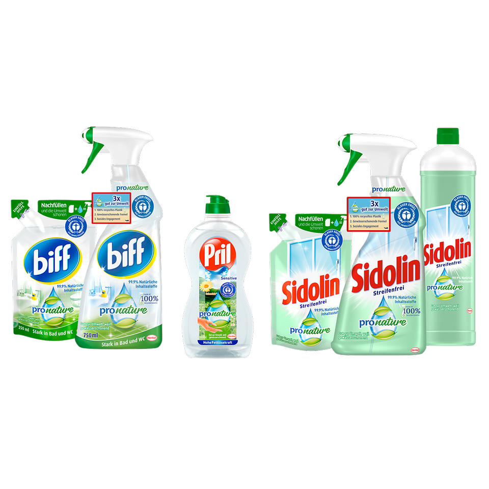 The PET bottles of the Pro Nature range from the brands biff, Sidolin and Pril consist of 100 percent recycled plastic