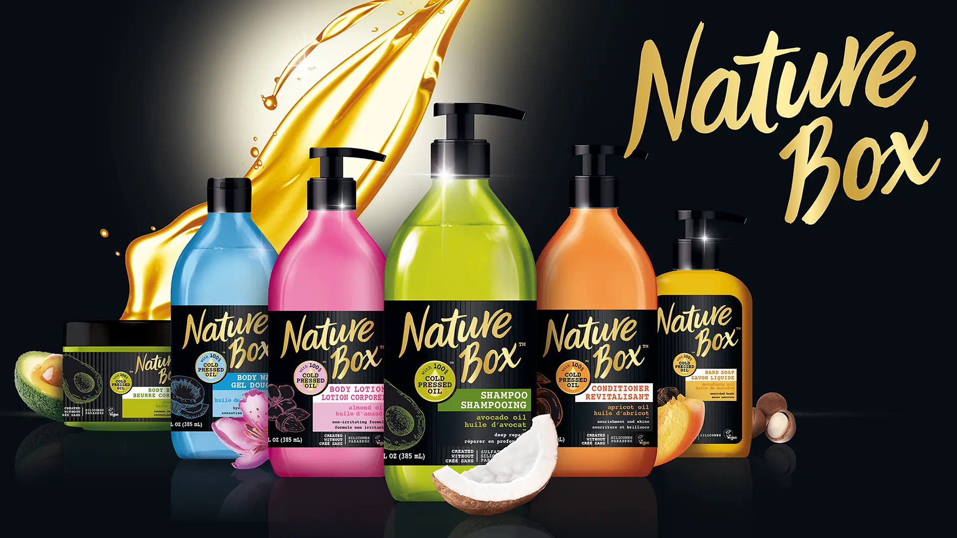 Nature Box products are made with 100% cold pressed oil from avocados, coconuts, apricots, almonds, and macadamia nuts.