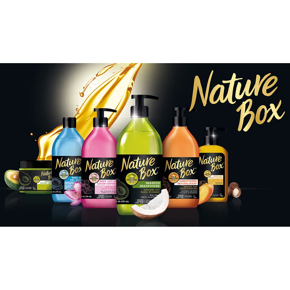 Nature Box products are made with 100% cold pressed oil from avocados, coconuts, apricots, almonds, and macadamia nuts.