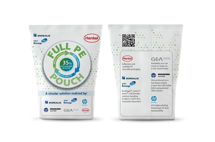 Borealis and Henkel are working on a pilot for a full PE laminate stand-up pouch that contains both virgin and recycled ingredients with 35 percent post-consumer recycled low density polyethylene (r-LDPE)